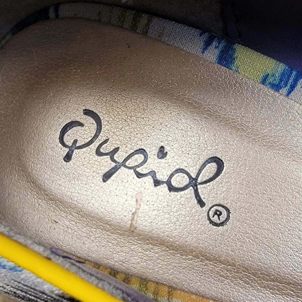 Qupid Platform Heels Blue Yellow White Print Espadrille Pumps Women's‎ Size 9